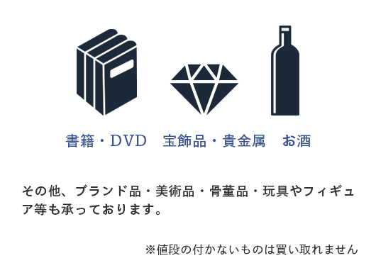 書籍・DVD、宝飾品・貴金属、お酒、その他、ブランド品・美術品・骨董品・玩具やフィギュア等も不用品回収のご相談を承ります。※状態や市場価値によっては買取が難しい場合もございますので、ご了承ください